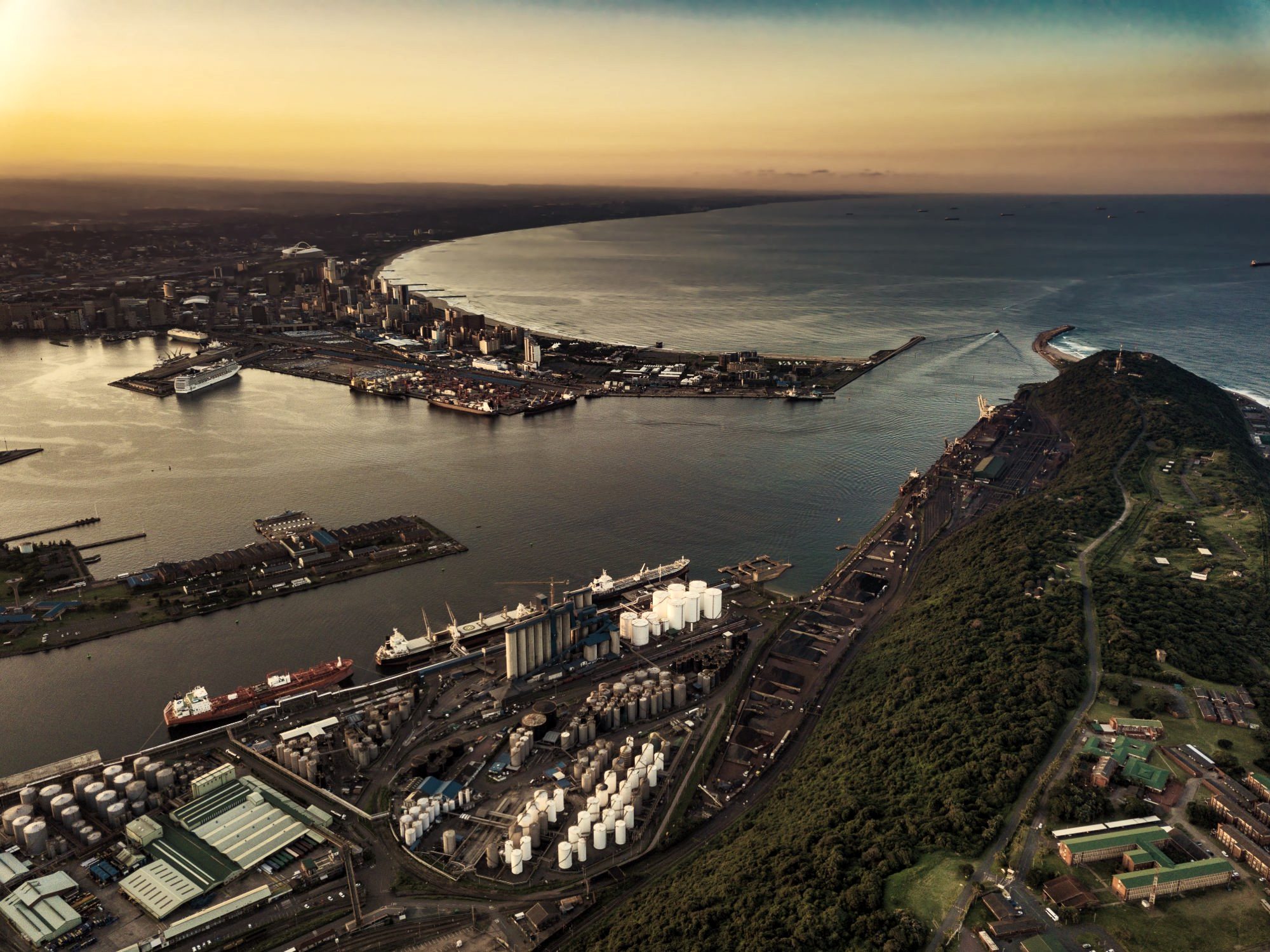 Aerial view of the Port of Durban at sunset