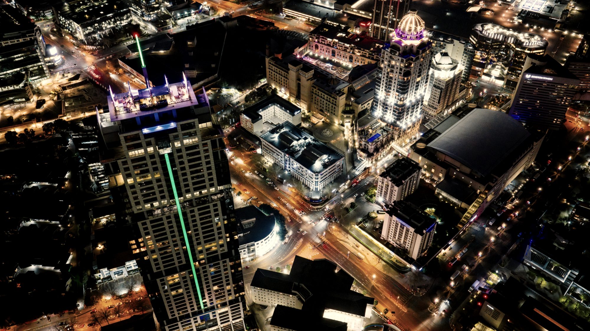 Aerial night view of Sandton, Johannesburg, with The Leonardo and Michelangelo Towers